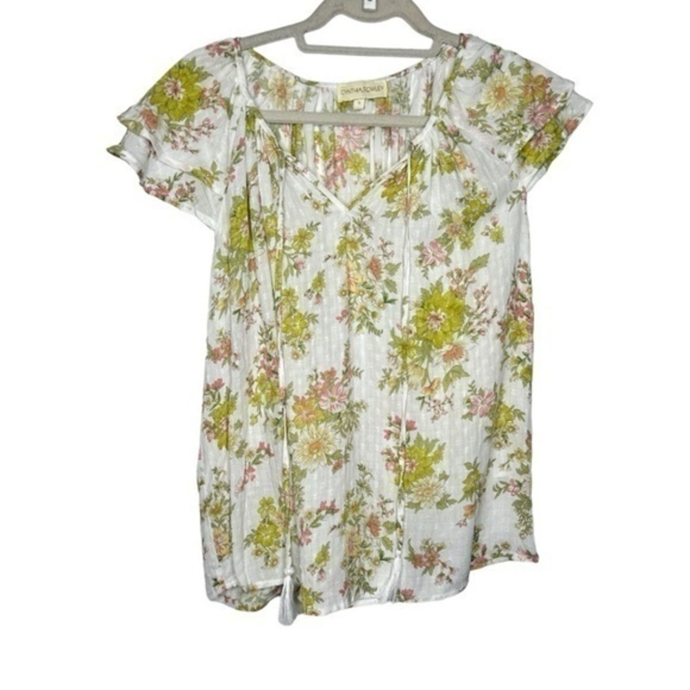 Cynthia Rowley Floral Ruffle Sleeve V Neck Blouse  Size Small